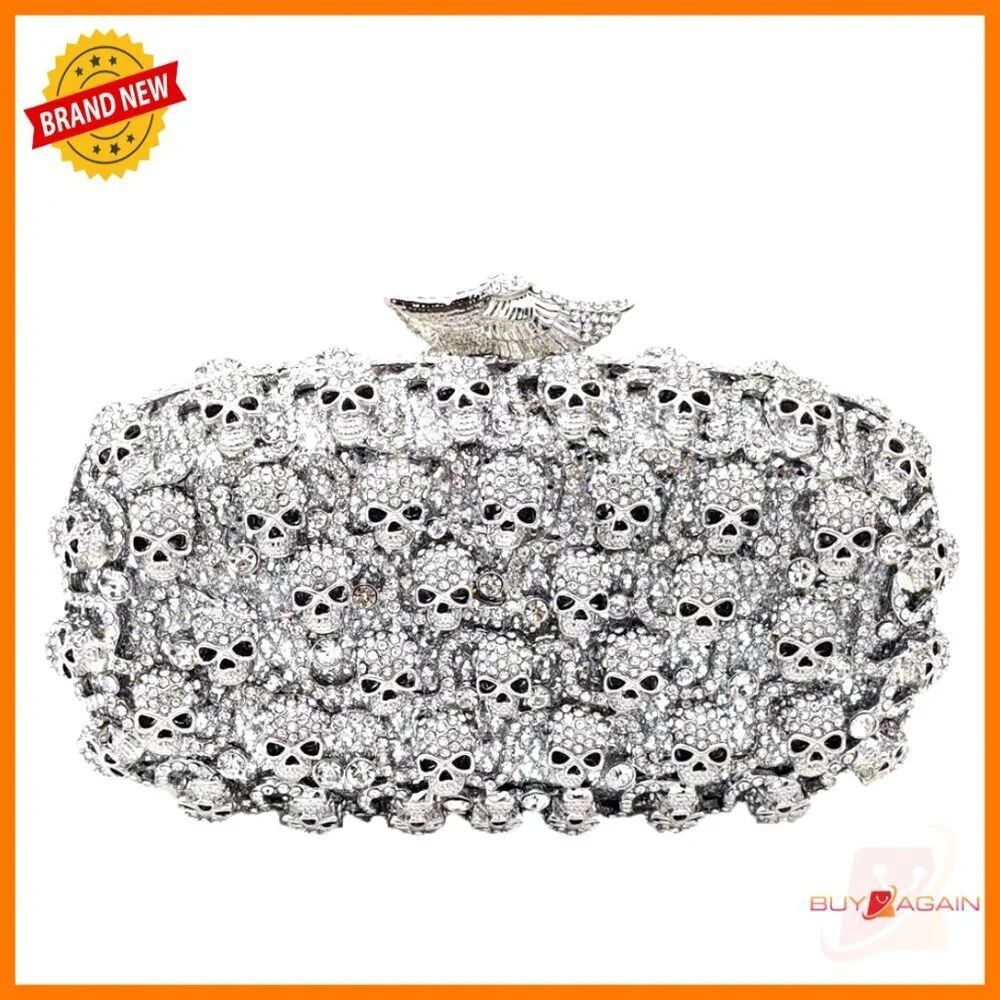 Mini Skull Rhinestone Clutch Evening Bag with Detachable Chain Straps